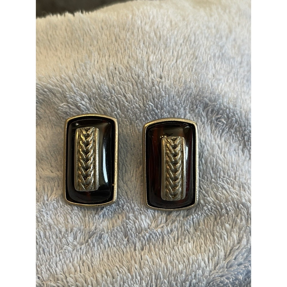 Vintage Ben Amun Modern Pewter/Lucite Clip On Earrings Dark Carmel Color Signed - Picture 11 of 11